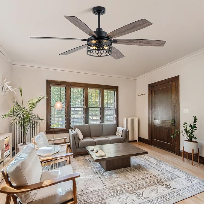 Bella Depot 60" Ceiling Fan with Light, Farmhouse Caged Chandelier Fan, Industrial Ceiling Fan Rustic Indoor Fandelier with Silent Motor for Dining Living Room Bedroom, (Bulbs not Included) (Black)