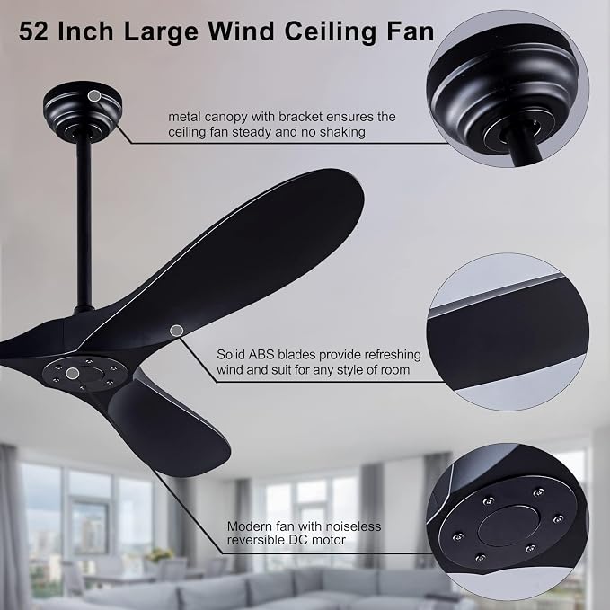 QUTWOB 52-inch Ceiling Fan (with Remote Control), 3-Blade Ceiling Fan, Suitable for Patios and Offices, Ideal for Indoor and Outdoor Use (Black)
