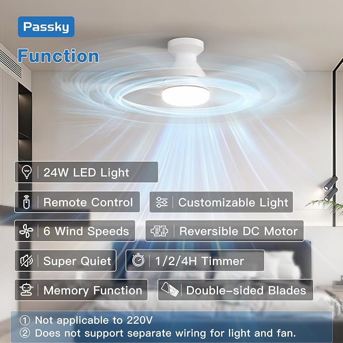 Passky Ceiling Fans with Lights, 42 inch Flush Mount Ceiling fan with Remote Control, Low Profile Ceiling Fan for Bedroom, Farmhouse, Reversible, 3CCT, Dimmable, Noiseless DC Motor, White