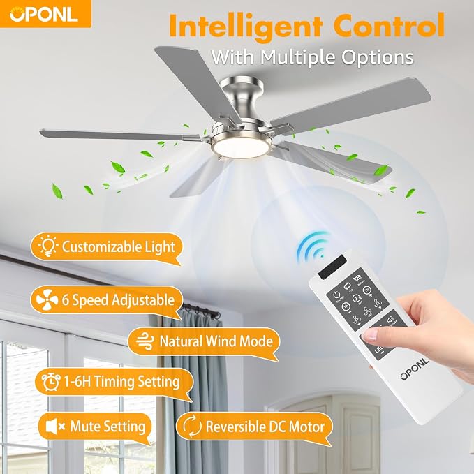 OPONL Ceiling Fan with Light, 52 inch Low Profile Ceiling fan with Light and Remote Control, Reversible, 6CCT, Dimmable, Noiseless, Nickel Ceiling Fan for Bedroom, Indoor/Outdoor Use, Modern
