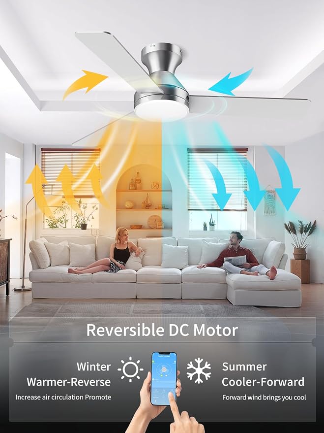 LANMEL Ceiling Fan with Light, Modern Flush Mount Low Profile with Remote Control, Reversible, 3CCT Dimmable, Quiet,LED for Bedroom, Living Room, Indoor/Outdoor Patio Use 42 Inch Silver