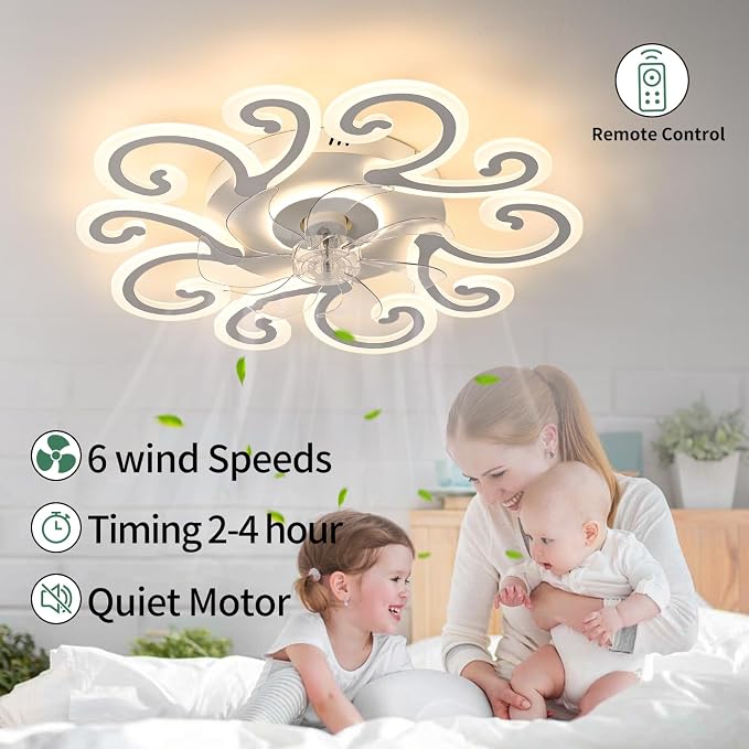 White Flower Modern Ceiling Fan with Lights, Low Profile Ceiling Fan with Remote for Bedroom, Flush Mount Ceiling Fans with LED Dimmable Light, 6-Speeds, Timing CeilingFan Light-yun