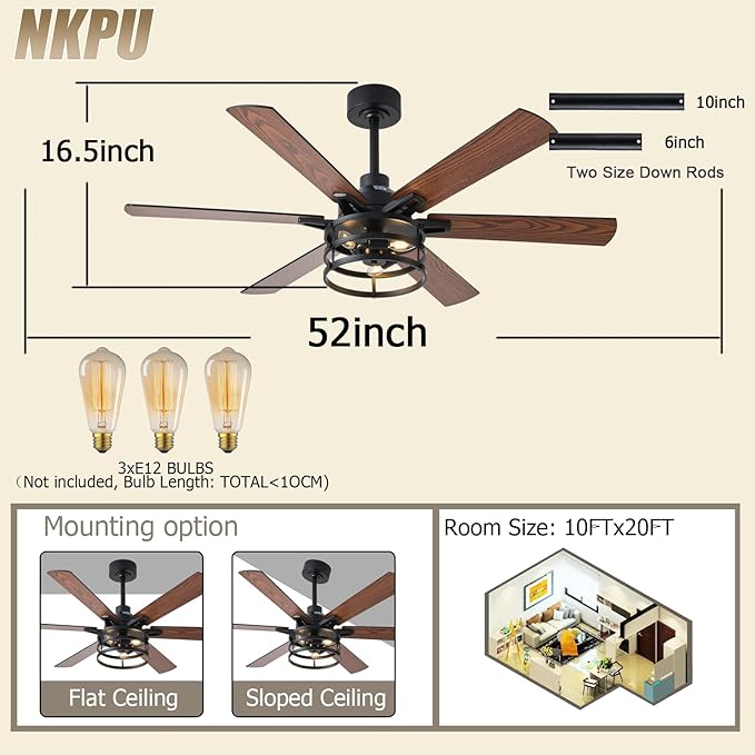 NKPU 52 Inch Farmhouse Ceiling Fan with Light and Remote, Brown Industrial Caged Rustic Ceiling Fan with 6 Speed Reversible Motor and Dual Finish 6 Blades, Rustic Ceiling Fan for Living
