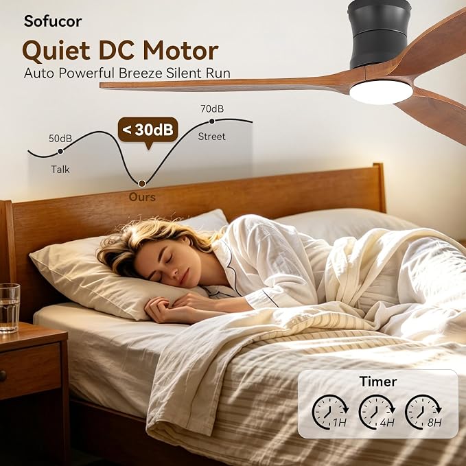 Sofucor 52 Inch Low Profile Ceiling Fan with Lights and Remote | Outdoor Modern Flush Mount, 6-Speed 3-CCT with Timer, 3 Wood Blades, For Bedroom Living Room Patios