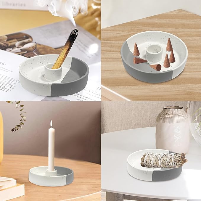 Gute Ceramic Palo Santo Holder, Handmade White & Gray Incense Burner Ash Catcher for Palo Santo Sticks, White Sage Smudge Sticks, Perfect for Meditation Yoga Home Office Wall Decor