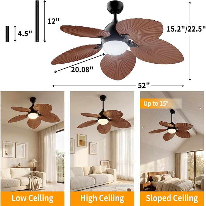 52" Modern Tropical Ceiling Fan with Light and Remote for Bedroom | LED Dimmable Tri-Color Temperature, 5 Blade Ceiling Fans Reversible, 6 Speeds w/Quiet DC Motor, living room, bedroom, kitchen