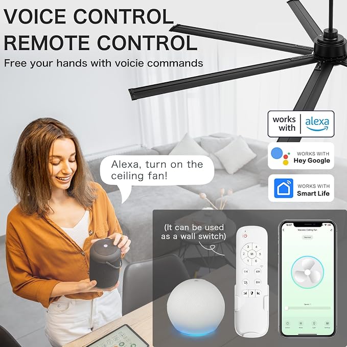 Minislak 96" Industrial & Commercial HVLS 7 Black Aluminum Blades Ceiling Fan with Light and Compatible Alexa,High CFM Brushless Motor,6-Speed,Indoor Outdoor Ceiling Fan for Patio,Garage,Shop,Library