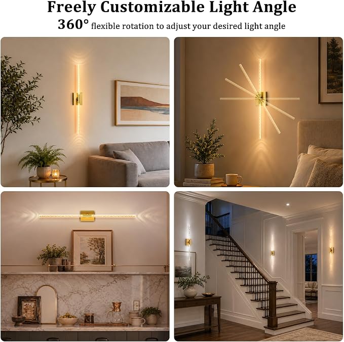 iThird Crystal Bubble Gold Wall Sconces Set of 2: 10000mAh Rechargeable Wireless Lights with Remote & 360° Rotate, 4 Color Temps Dimmable, 31" Lamp Decor for Bedroom Living Room Mirror