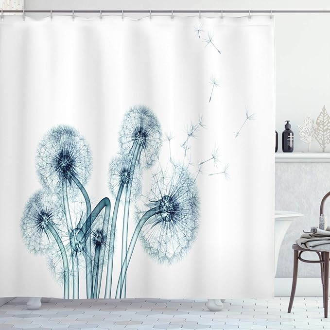 Ambesonne Flower Shower Curtain, Unusual Image of Dandelions on Simple Background Uv Style Negative of Nature Art, Cloth Fabric Bathroom Decor Set with Hooks, 69" W x 84" L, Cream Teal