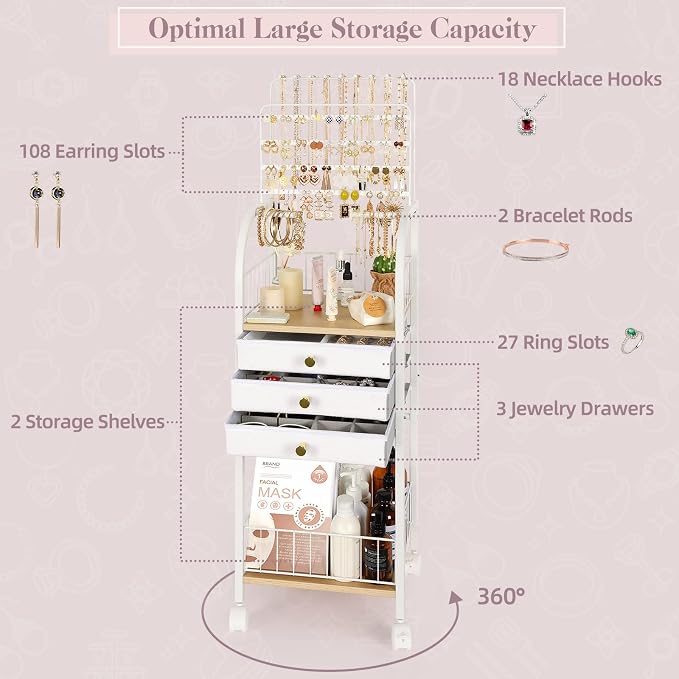 Keebofly Large Floor Jewelry Organizer Stand with 3 Drawers - White | Mobile Jewelry Tower Holder with Display, Large Capacity Rack for Necklaces & Rings, Perfect Storage Gift for Women
