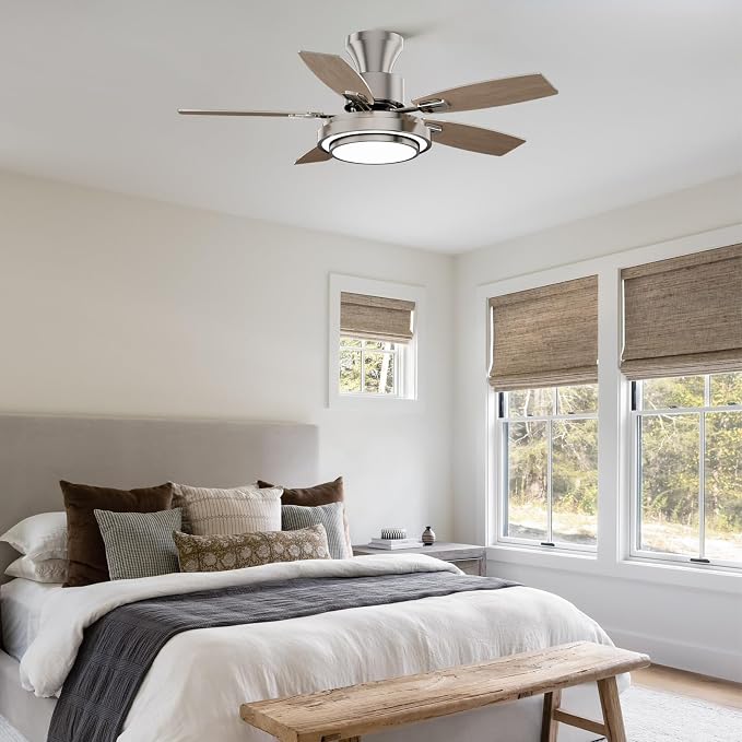 Ceiling Fans with Lights and Remote Control, 42 Inch Flush Mount Ceiling Fan with Quiet Reversible DC Motor, Dimmable LED Lighting, 6 Speeds, Timer, Nickel Ceiling Fan for Bedroom Living Room