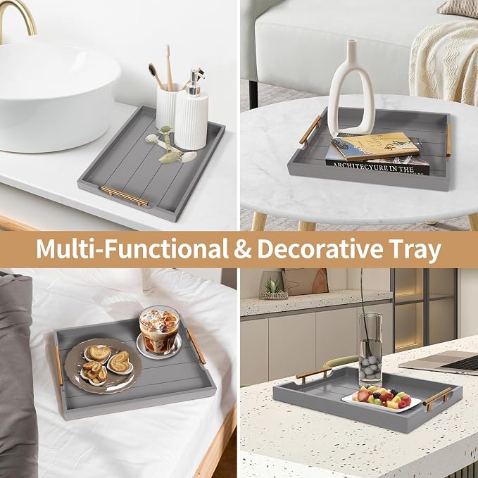 SXNOWS Wooden Serving Tray with 2 Sets of Handles,Gray | 16.5x13 Inch Large Ottoman Tray for Living Room Coffee Table Breakfast in Bed BBQ Party, 4 Round Coasters Included
