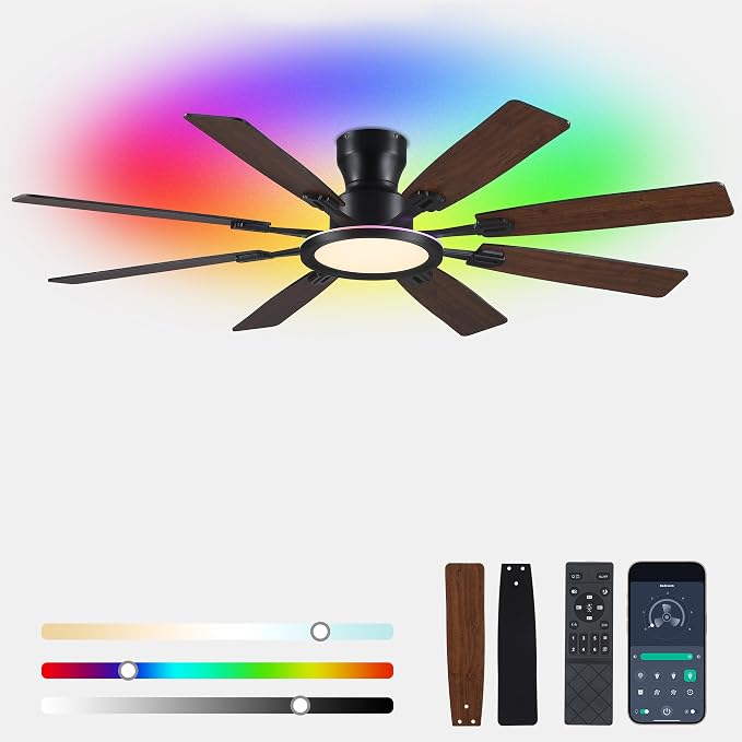 Ayaoty Ceiling Fans with Lights -60in Flush Mount Ceiling Fan with RGB Dimmable, 3CCT 6 Wind Speeds and Reversible Quiet Motor, Low Profile RGB Fan Light for Modern Indoor, Party - Brown
