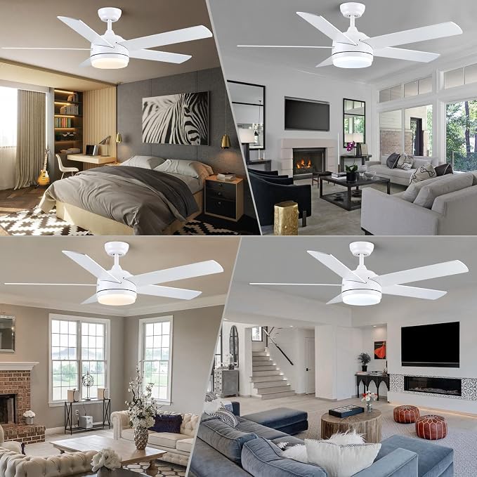 YUHAO 52 Inch White Ceiling Fan with Light and Remote Control.Noiseless,Dimmable,3CCT,6 Speeds Reversible, DC Ceiling Fans for Indoor or Covered Outdoor Use.ETL Listed