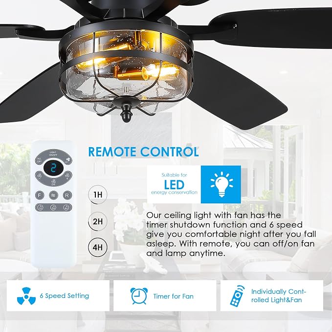 Hounberi 52" Farmhouse Ceiling Fan with Light and Remote, Black Industrial Caged Ceiling with Seeded Glass, 6-Speed Reversible DC Motor, Dual Finish 6 Blades, Black Ceiling Fan for Living Room Bedroom