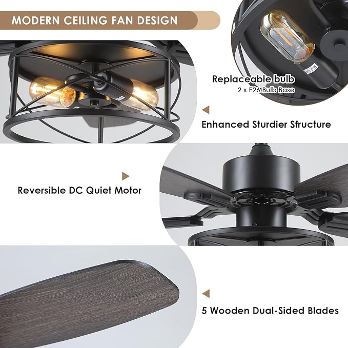 Hounberi 52 Inch Farmhouse Ceiling Fan with Light and Remote Control | 5 Dual Finish Blades, 6 Speeds, Quiet, Reversible DC Motor, Black Industrial Caged Ceiling Fan for Bedroom, Living Room