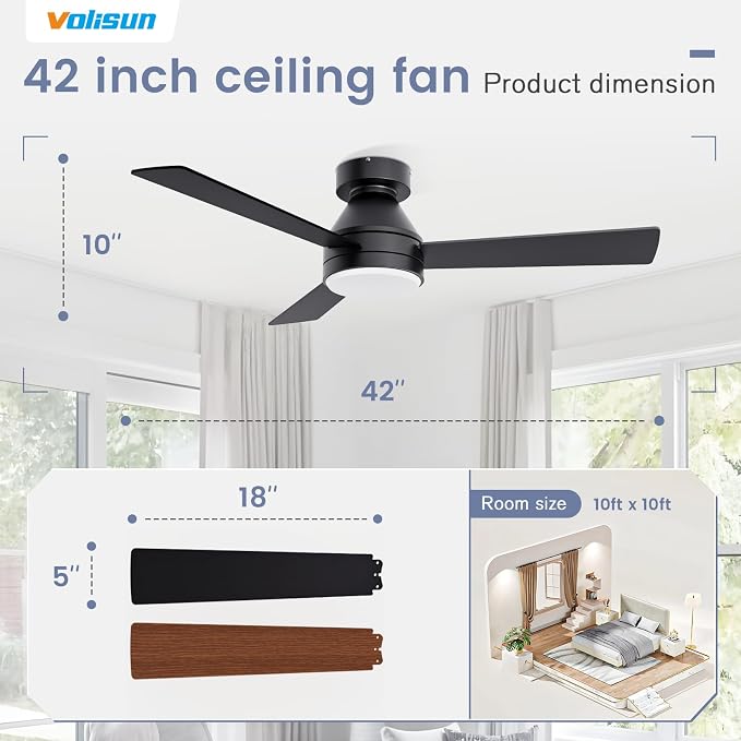 VOLISUN Ceiling Fans with Lights Flush Mount, 42 inch Low Profile Ceiling Fan with Light and Remote, Queit & Reversible Motor,3CCT, Dimmable, Black Modern Ceilings Fans for Bedroom, Living Room