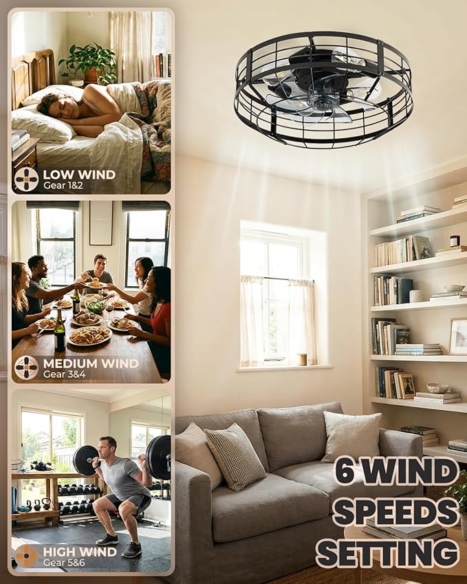 20 In Farmhouse Caged Ceiling Fan with Light and Remote, Bladeless Flush Mount Fan Lights Ceiling Fixtures, Need Assembly, 6 Speeds Reversible Motor Indooor Lights for House Kitchen, Bedroom, Black