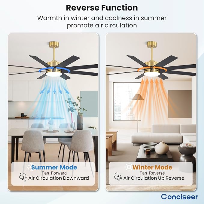 60 Inch Ceiling Fans with Lights and Remote, Dual Color 6 Blades, Bedroom Living Room Office Library Cafe Outdoor Industrial, 3CCT Dimmable, 6 Speed Reversible Quiet DC Motor, Gold/Wood Grain