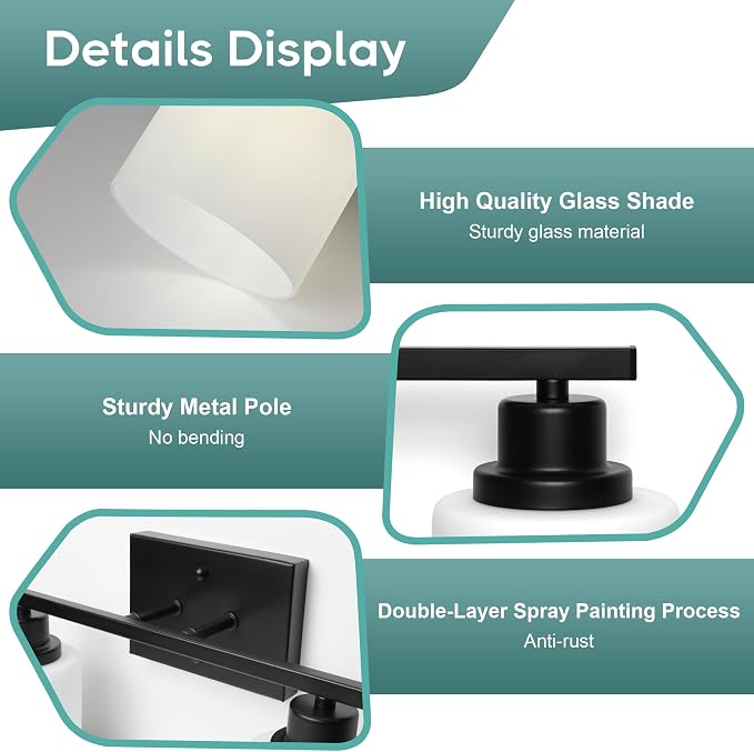 Ascher Bathroom Light Fixtures, 2-Light Vanity Light Over Mirror, Matte Black Wall Sconces with Milky White Frosted Glass Shades, Wall Lamp for Living Room Bedroom, E26 Base(Bulbs Not Included)