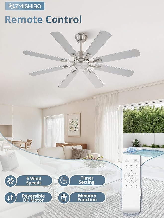 ZMISHIBO 52 inch Ceiling Fan no Light, 8 Blades Brushed Nickel Ceiling Fans without lights, Quiet Rerverible DC Motor, 6speeds, for Bedroom, Living Room, Home Office and Patio