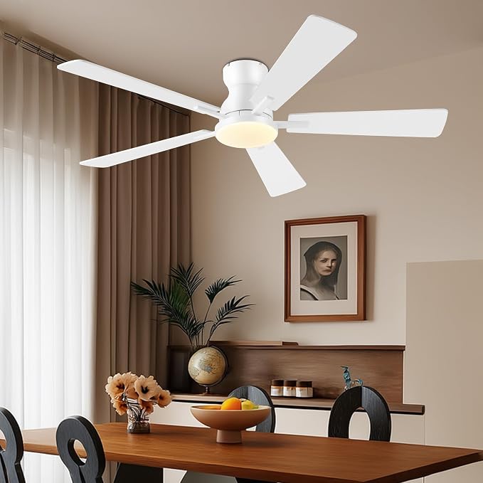 Ayaoty Ceiling Fans with Lights,52 Inch White Low Profile Ceiling Fan with Light -Flush Mount Dimmable, Quiet DC Motor for Outdoor Patio,Garage,Bedroom