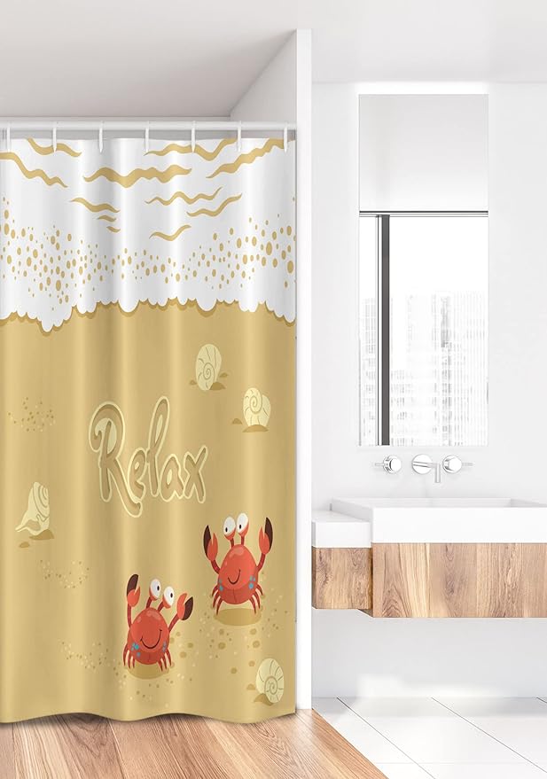 Ambesonne Crabs Stall Shower Curtain, Funny Summer Card Animals on The Beach Holiday Vacation Theme Print, Fabric Bathroom Decor Set with Hooks, 36" W x 72" L, Sand Brown and White