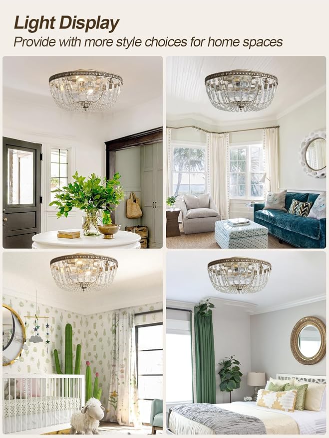 20" Flush Mount Fandelier Ceiling Fan with Light, Crystal Gold Fandelier Ceiling Fan with Light Remote Control, Vintage French Country Caged with 6 Speeds for Bedroom, Living Room, Foyer, Nursery
