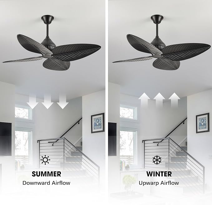 52" Black Tropical Ceiling Fans, Flush Mount Palm Leaf Ceiling Fan no Light, Indoor Ceiling Fans Without Light for Living Room Bedroom Kitchen Covered Gazebo, APP and Remote Control