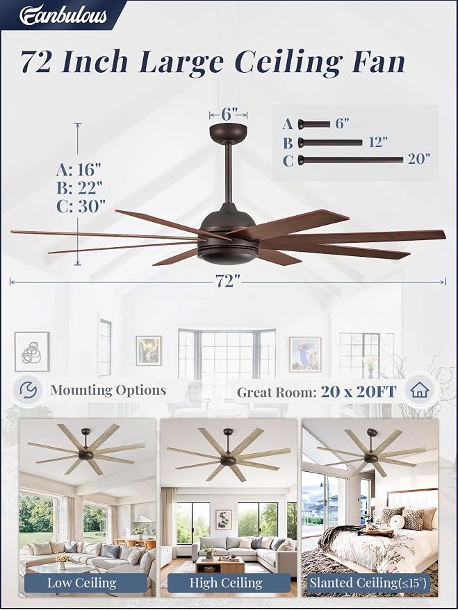 Fanbulous 72 Inch Ceiling Fans No Light with Remote, Walnut Indoor/Outdoor Ceiling Fan Without Light with Quiet Reversible DC Motor, 6 Speeds, 8 Blades Large Ceiling Fan for Living Room Bedroom Patio