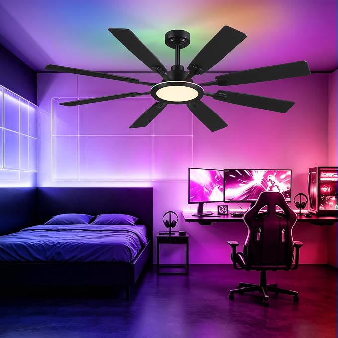 Ceiling Fan With Light & Remote Indoor/Outdoor Use 60 Inch RGB Black | Remote Control,RGB Dimmable,Reversible DC Motor,3CCT,Timer,Noiseless,Ceiling Fan for Bedroom Living Room