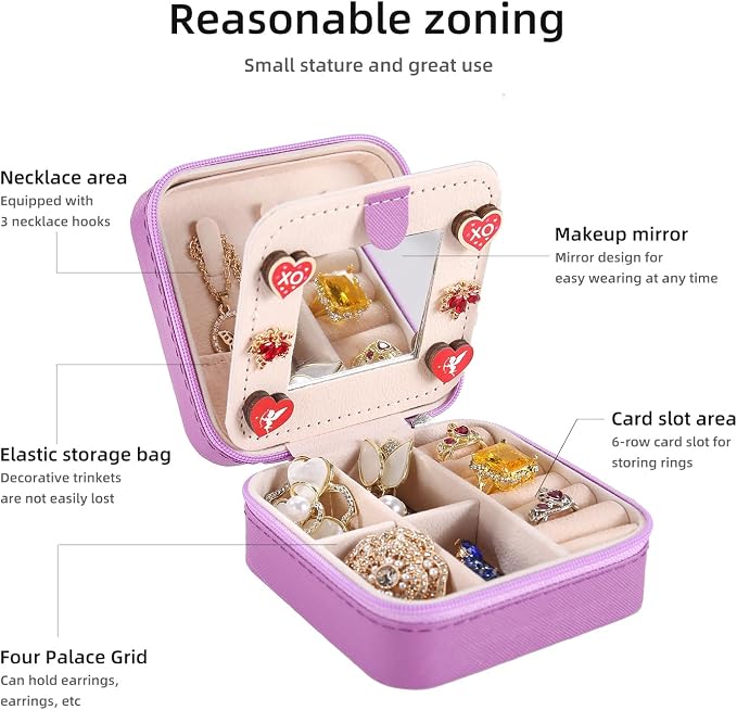 KElofoN Travel jewelry case Travel jewelry box Travel Jewelry Organizer Small Jewelry Organizer Box Gift for Girls Women with Mirror(Purple)