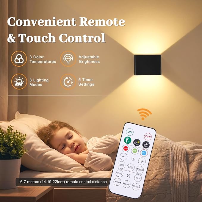 Rechargeable Motion Sensor Wall Light with Remote, 6000mAh Magnetic Battery Operated Wall Sconces, 3 Color Temperatures & Dimmable, Black LED Up Down Wireless Wall Lamp for Bedroom Living Room, 2-Pack