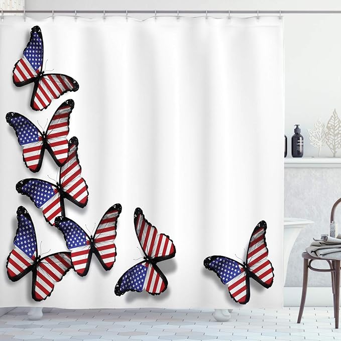 Ambesonne Americana Shower Curtain, American Flag in Flying Butterflies Freedom Patriotism Spring Inspired Design, Cloth Fabric Bathroom Decor Set with Hooks, 69" W x 70" L, Red White Blue