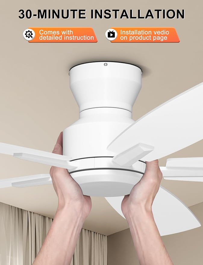 Ohniyou 52 Inch Ceiling Fan No Light, Low Profile Ceiling Fan with Remote and App Control, Flush Mount Ceiling Fan without Light for Bedroom Living Room Covered Patios, Quiet DC Motor, White