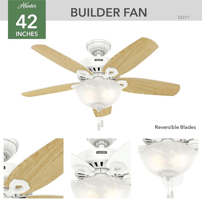 Hunter 42 inch Indoor Ceiling Fan with LED Light - White Ceiling Fan with Pull Chain, For Bedroom or Living Room, Standard Mount, No Remote, 5 Blades, Includes Bulbs - Builder 52217, Snow White