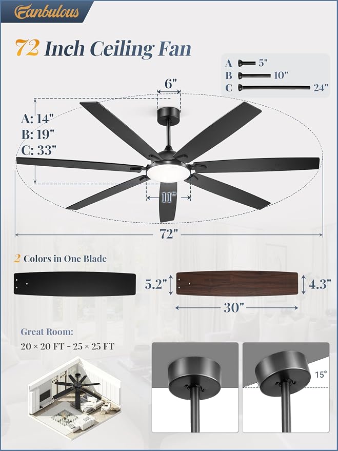 Fanbulous 72 Inch Large Ceiling Fans with Lights, Black Modern Ceiling Fan with Quiet DC Motor, 3CCT, Indoor/Outdoor Ceiling Fan with Dual Finish Reversible 7 Blades, Timer for Living Room, Patio