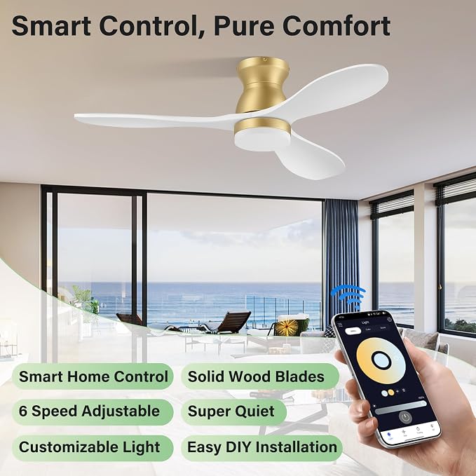 42" Wood Ceiling Fans with Lights Remote,Smart Control via WIFI Voice Alexa APP,White and Gold Flush Mount Ceiling Fan,Dimmable,6 speed,Quiet Motor,Outdoor Indoor Low Profile Fan for Bedroom,Patio