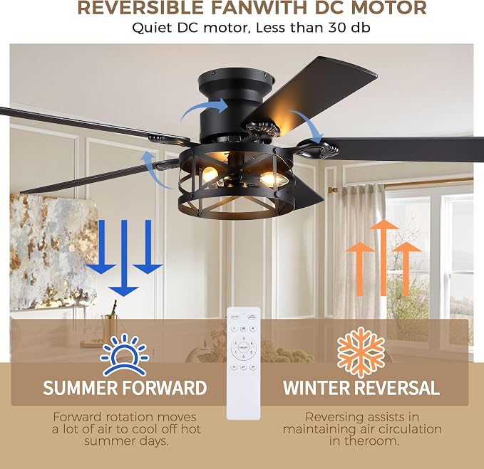 JSAITEE 52in Flush Mount Farmhouse Ceiling Fan with Lights, Caged | Low Profile Fan Light with E12 Base(Bulbs Not Included), 6 Speeds Adjustable&Timer, Rustic Lighting Fan for Indoor/Outdoor