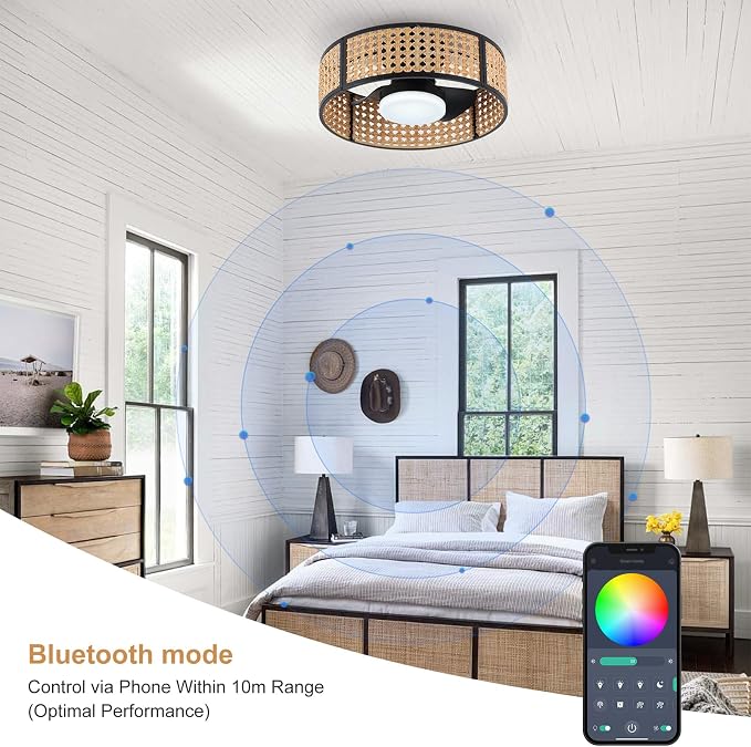 Ganeed 20" Handwoven Rattan Boho Ceiling Fans with Lights, Dimmable RGB LED Wicker Caged Ceiling Fan with Light and Remote, 6 Speed/Reversible Motor Rattan Fandelier for Bedroom Dining Room Nursery
