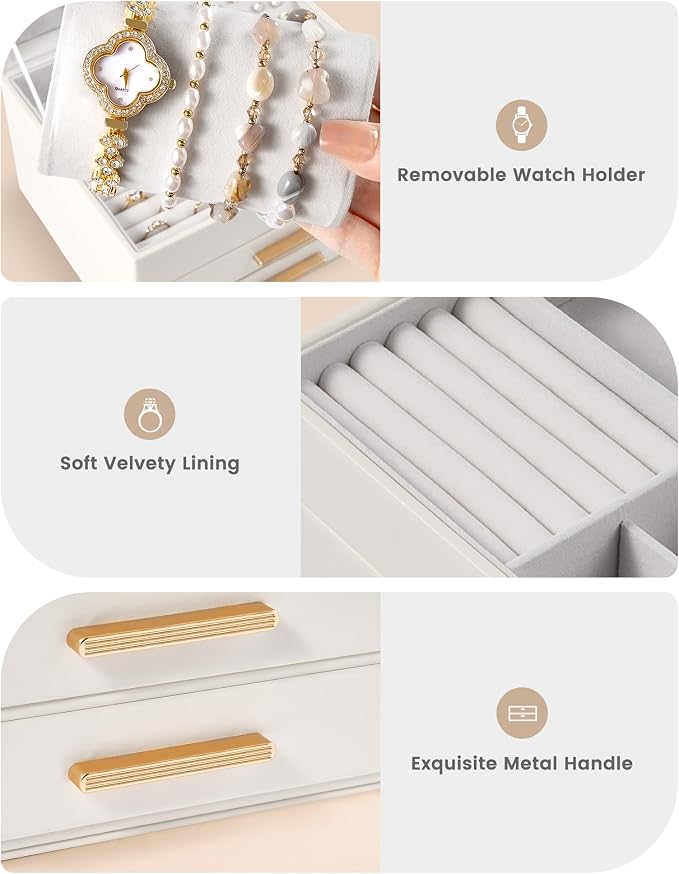 Lolalet 3-Layer Jewelry Box Organizer Holder for Women Girls Mom -Beige | Jewelry Storage Case with Drawers for Necklaces Ring Earrings Bracelet Watch, Gifts Choice for Mom Mother’s Day