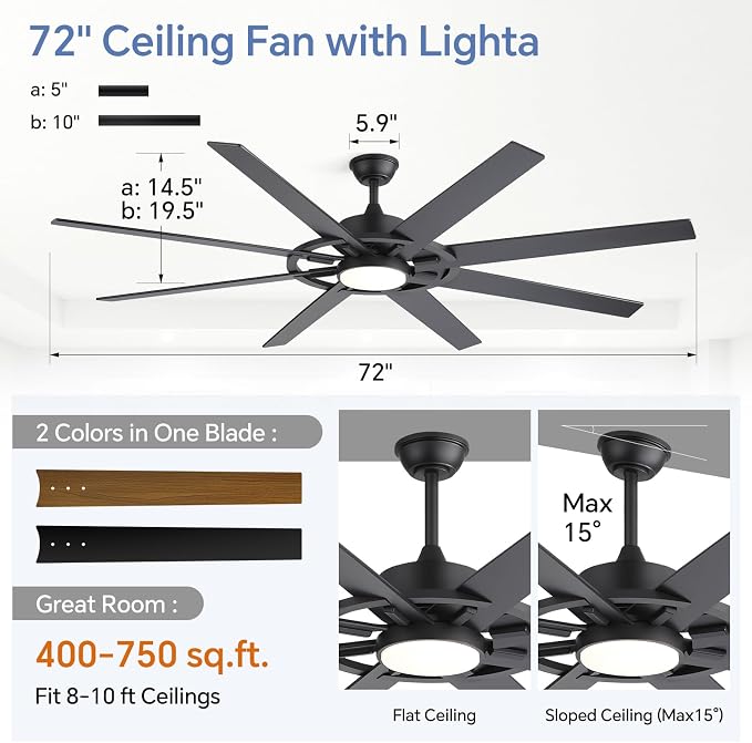 72 Inch Farmhouse Chandelier Ceiling Fan, Ceiling Fans with Lights and Remote, for Bedroom Rustic Lighting Ceiling Fans Outdoor Indoor, 6 Speed Reversible Quiet DC Motor, Noiseless