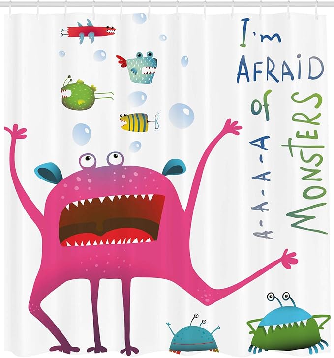 Ambesonne Funny Shower Curtain, Underwater Beast Creature Fun Monster Fish Im Afraid of Monsters Words, Cloth Fabric Bathroom Decor Set with Hooks, 69" W x 75" L, Green Pink