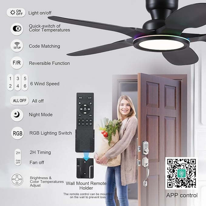 Kviflon Ceiling Fans with Lights and Remote/APP Control, 52 inch Low Profile Ceiling Fans with Dimmable White + RGB Ring Lights, 6 Speeds 5 Curved Blades for Kids Room Bedroom Bar, Black