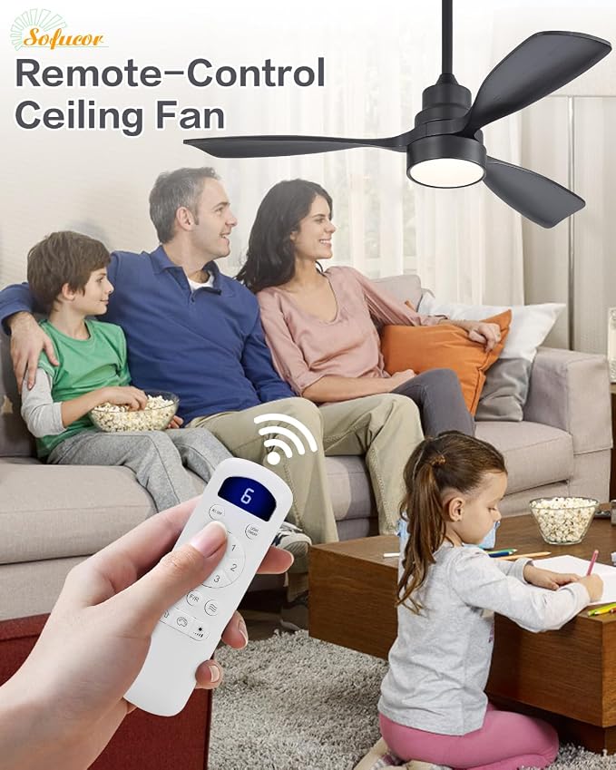 Sofucor 48 Inch Ceiling Fan with Lights and Remote Control, Black | Flush Mount&Downrod Mount, Solid Wood Blade, 1/4/8 H Timer, Quiet DC Motor, Indoor Outdoor Bedroom/Living Room/Patio/Kitchen
