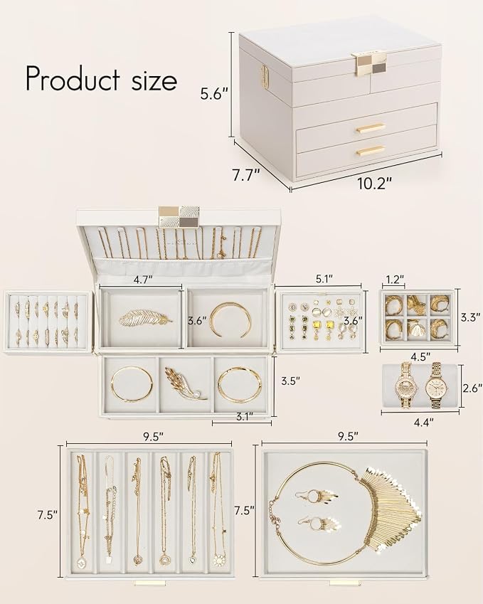 VLANDO 4 Layers Jewelry Box - Women Jewelry Box with Retractable Tray - Jewelry Organizer with Drawer for Necklaces, Rings, Bracelets, Earrings, Valentines Gift for Mom Girls - Cloud White