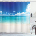 Ambesonne Ocean Shower Curtain, Natural Coastal Scenery Sandy Beach and Carribean Seashore Heavenly Paradise View Summer Holiday, Cloth Fabric Bathroom Decor Set with Hooks, 69" W x 84" L, White Blue
