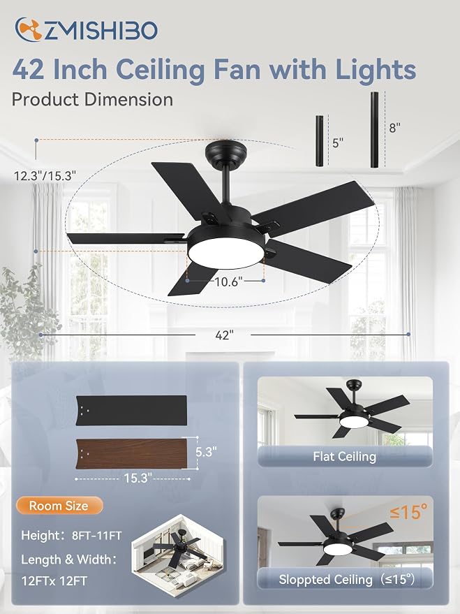 ZMISHIBO 42 Inch Ceiling Fans with Lights, Smart Remote/APP Control, Modern Ceiling Fan with 6 Speeds & 3CCT, Dimmable 30W LED, Quiet DC Motor, Noiseless for Living Room, Bedroom, Kitchen, Black