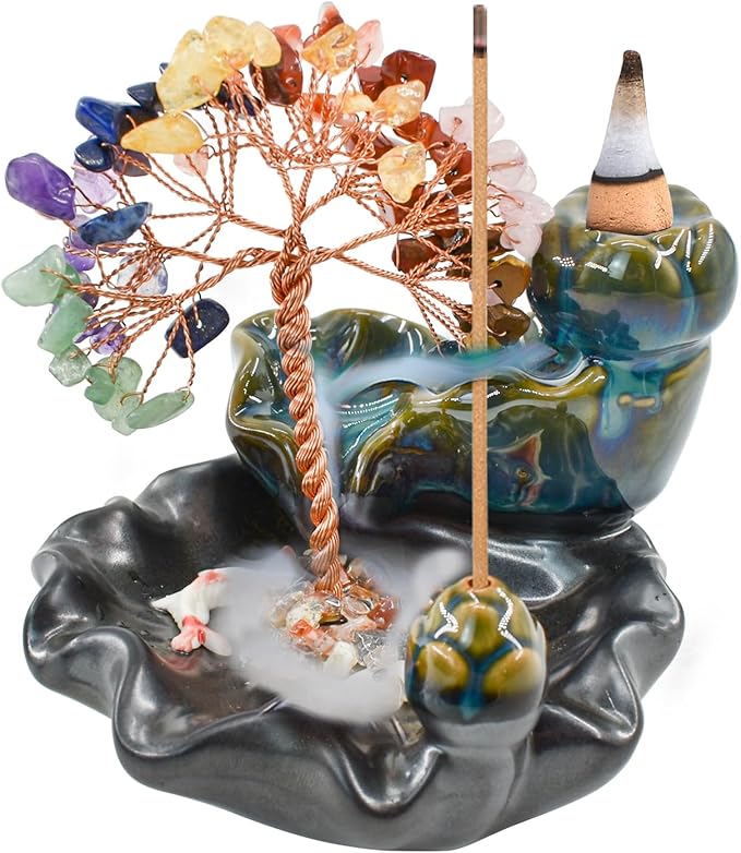 Backflow Incense Burner, Ceramic Incense Waterfall Burner with 7 Chakras Healing Crystals Tree Fountain Incense Holders for Yoga Meditation Home Decor