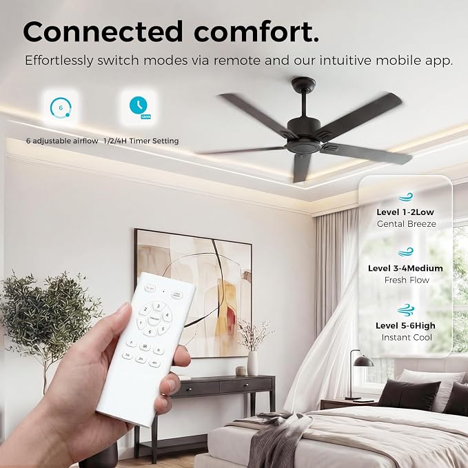 Obabala Outdoor Ceiling Fan No Light, 52 Inch Black Modern Ceiling Fan Without Light, Dual Finish 5 Blades,6 Speed, Reversible Quiet DC Motor for Patios, Garage, Bedroom, Porch